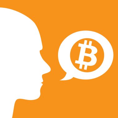 adamın yüzünü konuşma balonları ve bitcoin logosu ile
