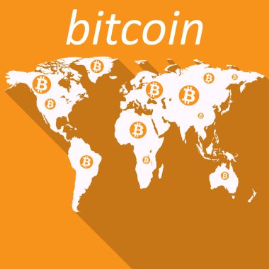 Düz web tasarımı için yeryüzünde Bitcoin logo