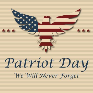 Biz asla unutmayacağım. 9/11 vatansever gün arka plan, Amerikan bayrağı çizgili arka plan. Vatansever gün 11 Eylül 2001 Poster şablonu