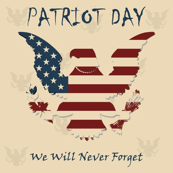 Vi kommer aldrig att glömma. 9/11 patriot dag bakgrund, amerikanska flaggan ränder bakgrund. Patriot dagen den 11 September 2001 affisch mall — Stock vektor