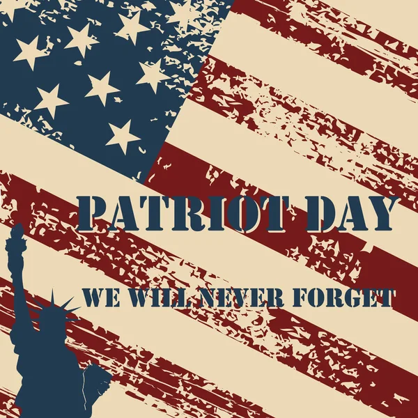 Vi kommer aldrig att glömma. 9/11 patriot dag bakgrund, amerikanska flaggan ränder bakgrund. Patriot dagen den 11 September 2001 affisch mall — Stock vektor