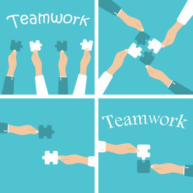 Takım çalışması ve işbirliği kavramı. Elleri tutan ve koyarak birlikte adet bulmaca. Düz stil vektör çizim