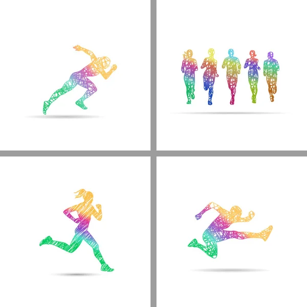 Grand mouillé de coureurs dessin par lignes aux couleurs arc-en-ciel — Image vectorielle