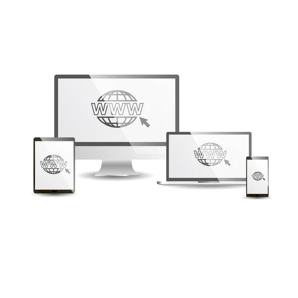 Reális számítógép-Monitor, Laptop, tabletta és Smartphone-val átlátszó képernyő elszigetelt. Használhatja a bemutató sablon vagy Banner a web design. Weboldal logo — Stock Vector