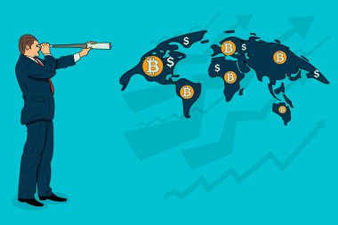 Bitcoin dünya haritası üzerinde büyüme işadamı bakar