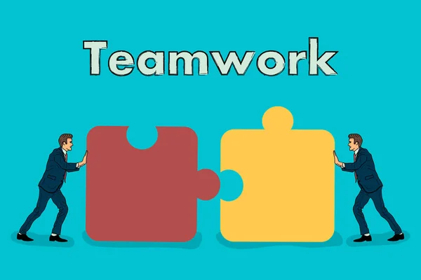 チームワーク。2 人のビジネスマンは 1 つにパズルの 2 つの部分を接続します。 — ストックベクタ