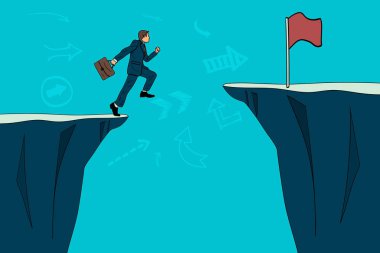 Bir uçurumun bir hedefe doğru üstünden atlayarak işadamı