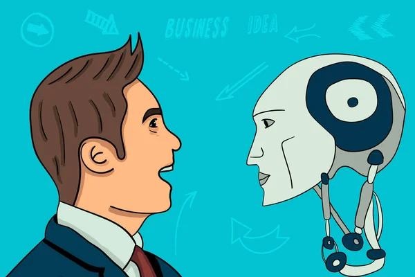 Biznesmen vs robot. Na czele biznesmen przy głowicy cyborg — Wektor stockowy