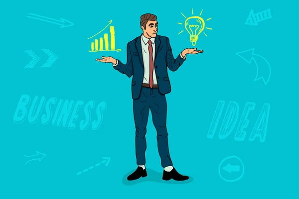 Businessman holds a graph and business idea in his hands — Stock Vector