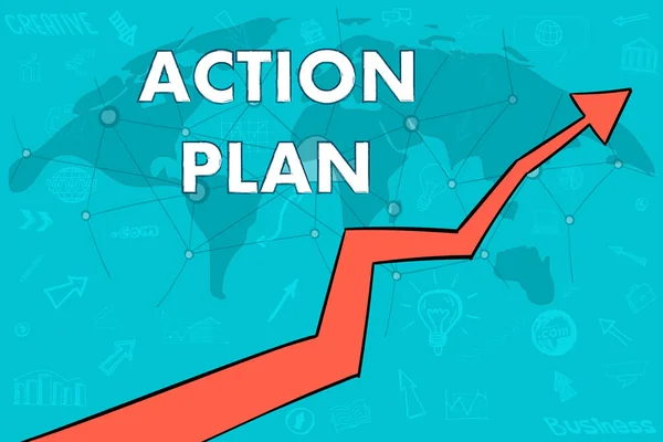 Action Plan banner. Cloud konceptet. karta över världen. pil upp — Stock vektor