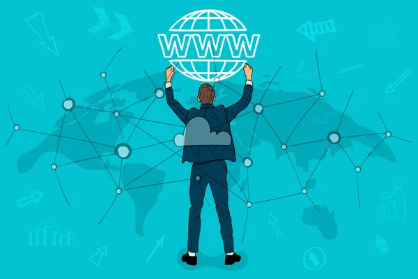 Empresario sosteniendo un icono del sitio web. concepto de la nube a través de la red. Mapa mundial — Vector de stock