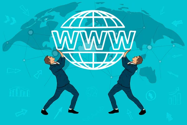 Dois empresários seguram um ícone do site. Mapa do mundo. conceito da nuvem — Vetor de Stock