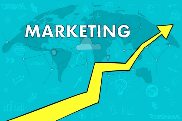 Banner de marketing. Mapa do mundo. seta para cima. conceito de nuvem —  Vetores de Stock