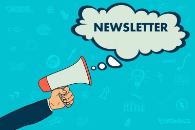 Bir işadamı el bir megafon tutar. konuşma balonu kelime bülten