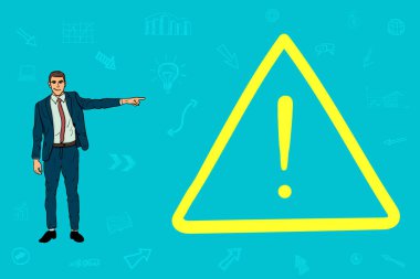 İşadamı bir parmak bir ünlem işareti işaret eder. tehlikeli işarettir