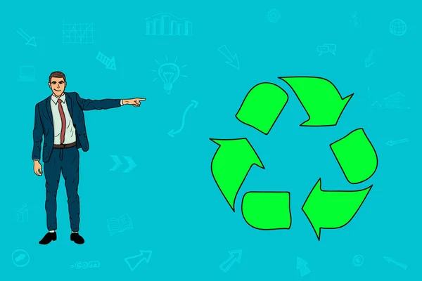 Homme d'affaires pointant du doigt le panneau de recyclage — Image vectorielle