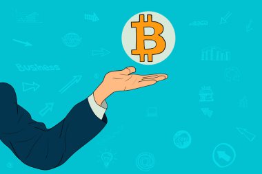 Bir bitcoin simgesi elinde tutan işadamı