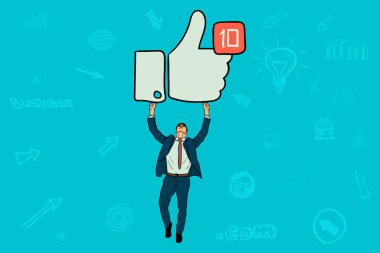 Bir başparmak işaret yukarıya başının üzerinde tutan işadamı