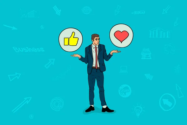 Empresario tiene iconos de redes sociales — Vector de stock