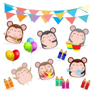 Yeni yılınız kutlu olsun. Küçük şirin fare dans edip müzikal oynayacak. Fare burcu. Beyaz arkaplan vektör illüstrasyon karikatürüne izole edilmiş farenin mutlu noelleri