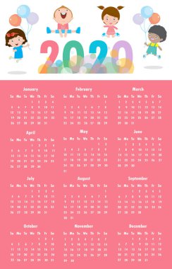2020 takvimi. Renkli Mutlu Noeller 2020 çocuk geçmişi, mutlu yeni yıl atlamaları reklam broşürleri şablonu. Poster Mutlu Yeni Yıl Vektör İllüstrasyonu