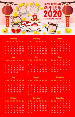 Takvim 2020. Çin yeni yılı. Fare yılı. Asya tatili kavramı. Hafta pazar günü başlıyor. Takvimin takvim tasarım şablonu. Çizim Vektörü 