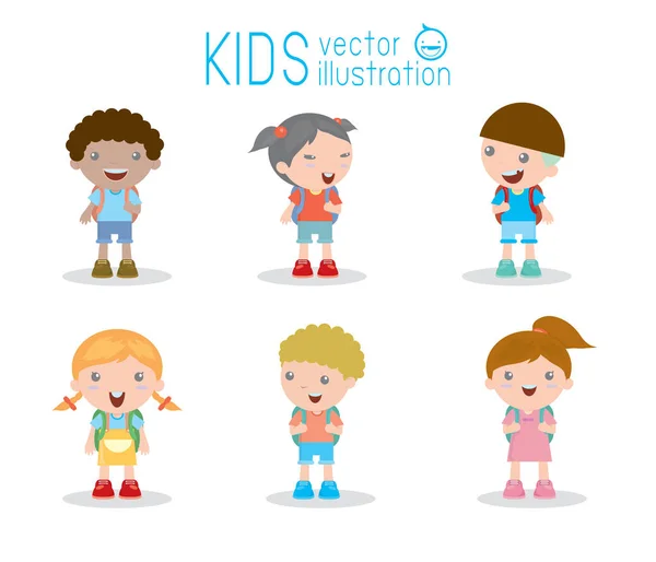 Los Niños Van Escuela Vuelta Escuela Lindos Niños Dibujos Animados — Vector de stock