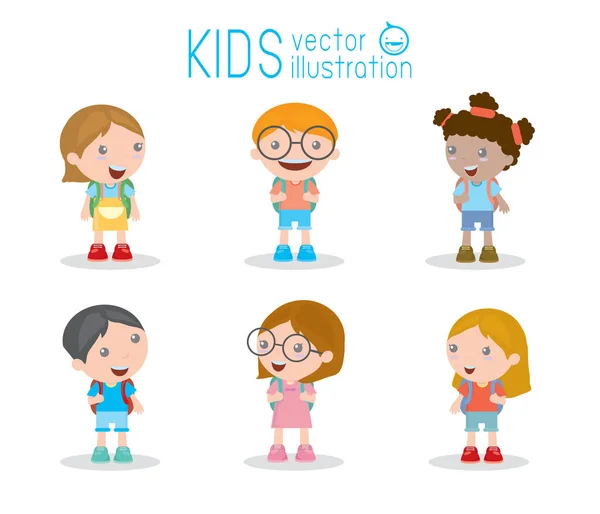 Los Niños Van Escuela Vuelta Escuela Lindos Niños Dibujos Animados — Vector de stock