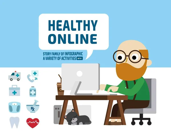 senior research health online health care concept. infographic elements. flat cute cartoon design illustration.