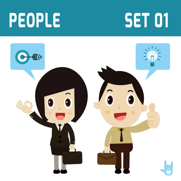 Set of character full body business people. diverse of costume and action poses. company concept. flat icons design. isolated on white and blue background. — 스톡 벡터