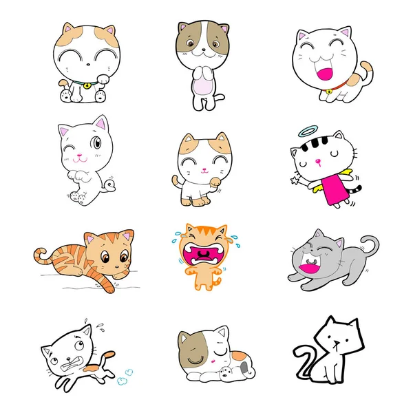 Set Cartoon Cute Cats Doodle Cats Different Emotions Cat Handmade — 스톡 벡터