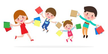 Mutlu aile alışverişleri, aileler ve çocuklar paketle atlıyor, büyük indirim. Mallar ve hediyeler satın almak. Alışveriş kavramı. Vektör illüstrasyonu