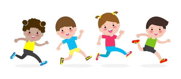 Happy Kids Jogging Healthy Cartoon Character Children Running Vector Illustration — Stock Vector