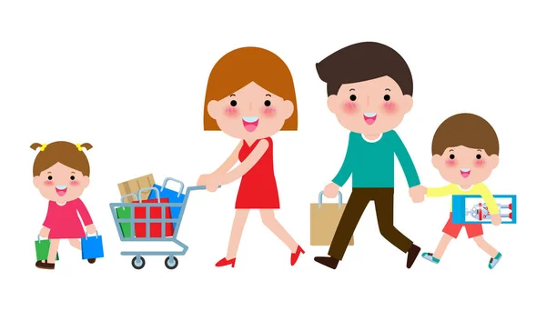 Χαρούμενα Οικογενειακά Ψώνια Γονείς Και Παιδιά Αγορές Καρότσι Μεγάλες Εκπτώσεις — Διανυσματικό Αρχείο
