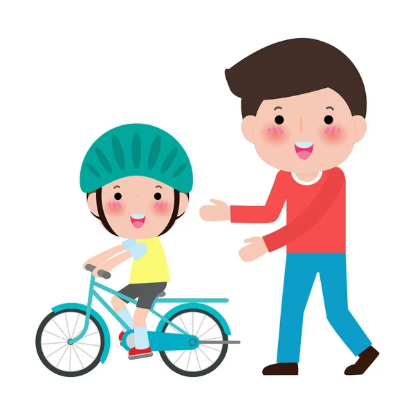 Πατέρας Μαθαίνει Στο Γιο Κάνει Ποδήλατο Παιδί Μαθαίνει Ποδήλατο Γονική — Διανυσματικό Αρχείο