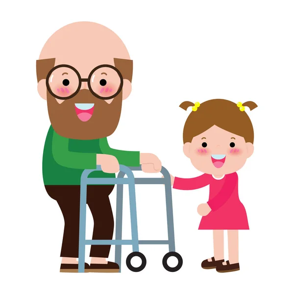 Happy Family Grandfather Grandson Children Volunteer Helping Grandfather Walking Concept — 스톡 벡터