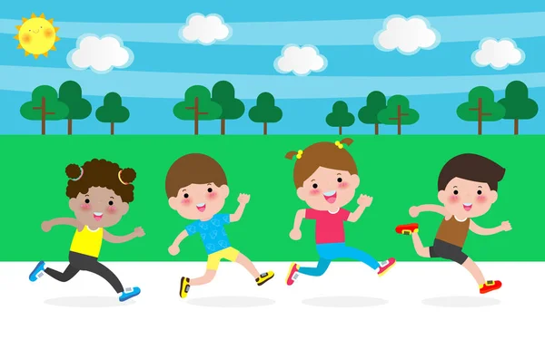Happy Kids Jogging Healthy Cartoon Character Children Running Vector Illustration — Stock Vector
