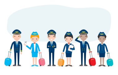 pilot ve hostes. Beyaz arka planda izole edilmiş hostesler, pilot ve hostes illüstrasyonu.