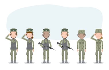 Bir grup asker. Erkekler ve kadınlar. düz çizgi film karakteri tasarımı beyaz arkaplanda izole edildi. Amerikan Ordusu, askerler izole vektör çizimi.