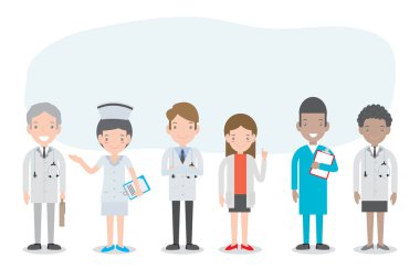 Doktorların, hemşirelerin, hekimlerin bembeyaz arka planda izole edilmiş halleri. Hastane sağlık ekibi doktorları hemşire cerrahlar, doktorlar, hemşireler ve tıbbi personel temsilcileri..