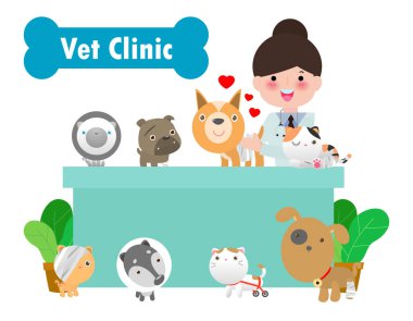 Veteriner Doktor etrafı evcil hayvanlarla çevrili. Hasta, veteriner kliniği tıp ve hayvan bakımı kavramı beyaz arka plan illüstrasyonuna izole edilmiş.