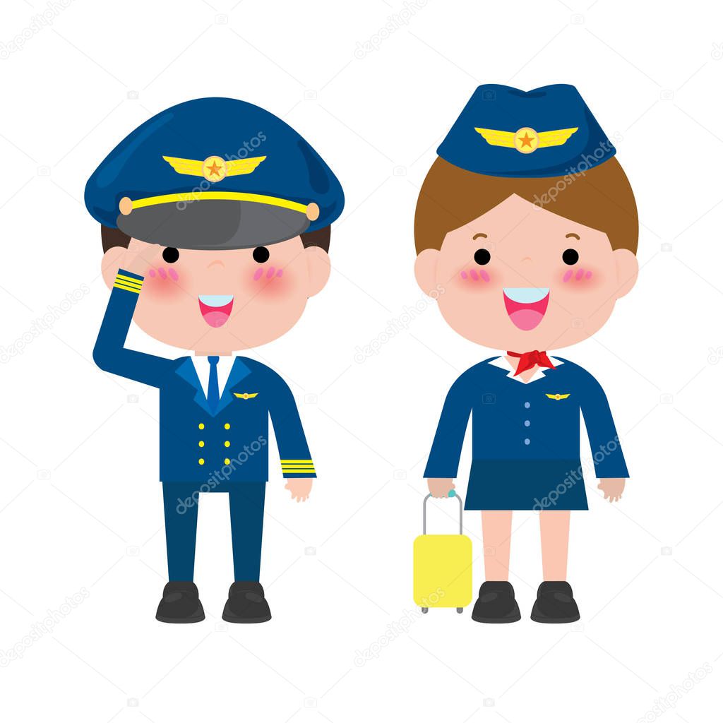pilot and stewardess. officers and flight attendants Stewardesses  isolated on white background, pilot and air hostess Vector Illustration.