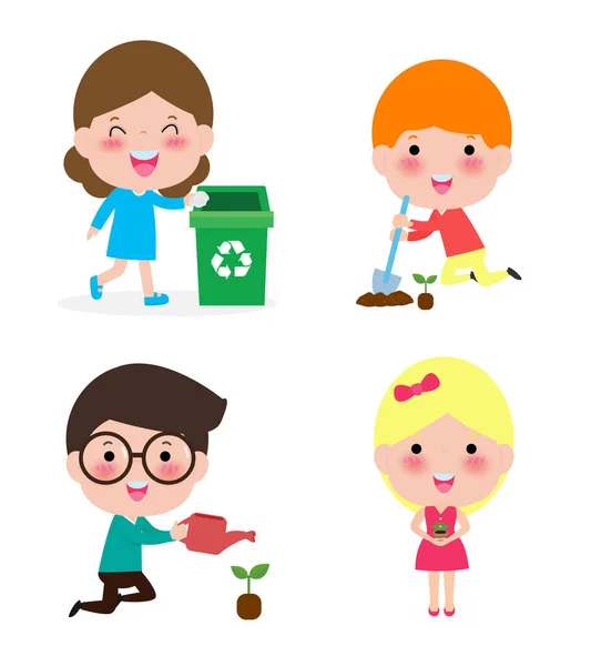 Cute Kids Volunteer Children Collect Rubbish Recycling Child Plants Trees — Stock Vector
