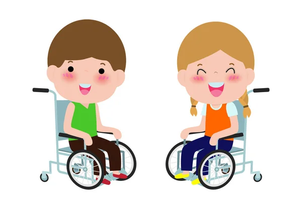 Cute Disabled Kids Sitting Wheelchair Handicapped Person Colorful Flat Style — 스톡 벡터