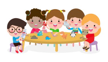 cute kids playing with toys, happy children's activity in the kindergarten Group of happy school child in classroom, education,Vector Illustration