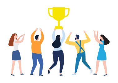 people stand on the podium first, second and third place. best score winner prize male and female colleagues holding a big cup, prize, celebrating victory. Winning concept Vector illustration
