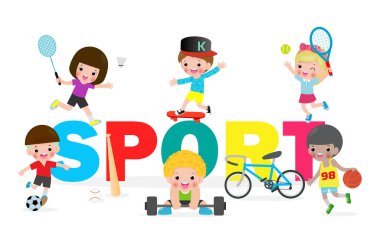 Collection kids and sport, child playing various sports, Cartoon children sports isolated on white background Vector Illustration