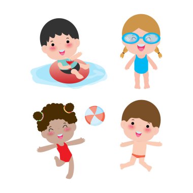 set of children in a Swimming Pool, children for summer season. kids playing on the beach and swimming in the pool, Vector Illustration on white background