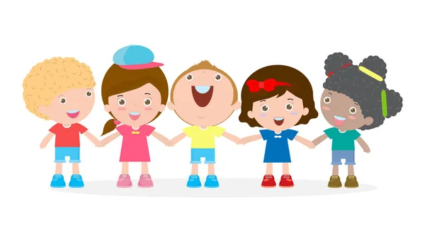 Grupp Lyckliga Barn Som Håller Varandra Handen Vänskap Koncept Isolerad — Stock vektor