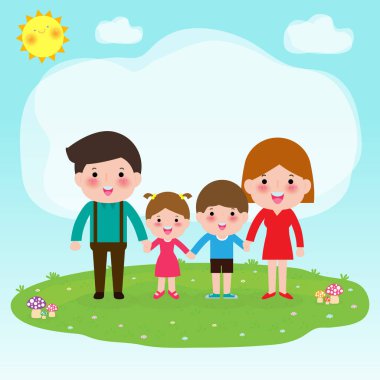 Mutlu aile parkta el ele tutuşuyor. Doğada dinlen. Merhaba yaz izole vektör illüstrasyonu